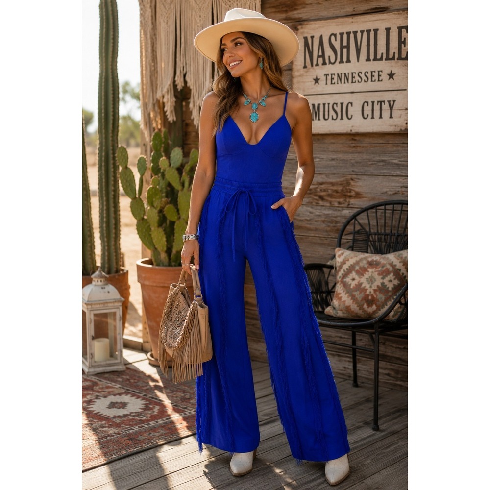 NWT Women 2XL Blue Fringe Wide Leg Jumpsuit Tie Waist Boho Festival Western Glam